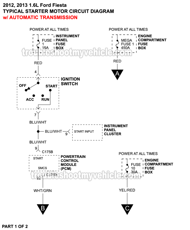 Starter Motor Circuit Wiring Diagram (2012, 2013 1.6L Ford Fiesta)
