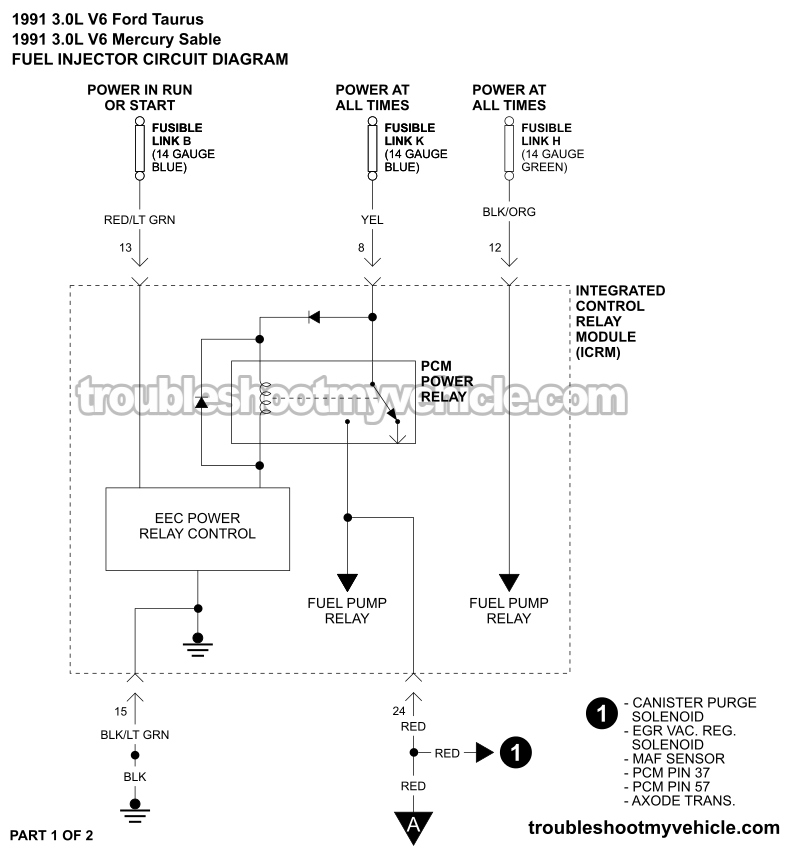 Fuel Injector Circuit Wiring Diagram (1991 3.0L V6 Ford Taurus, Mercury Sable)