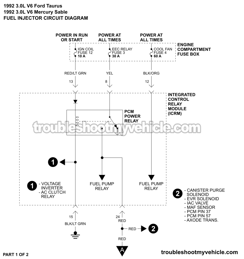 Fuel Injector Circuit Wiring Diagram (1992 3.0L V6 Ford Taurus, Mercury Sable)