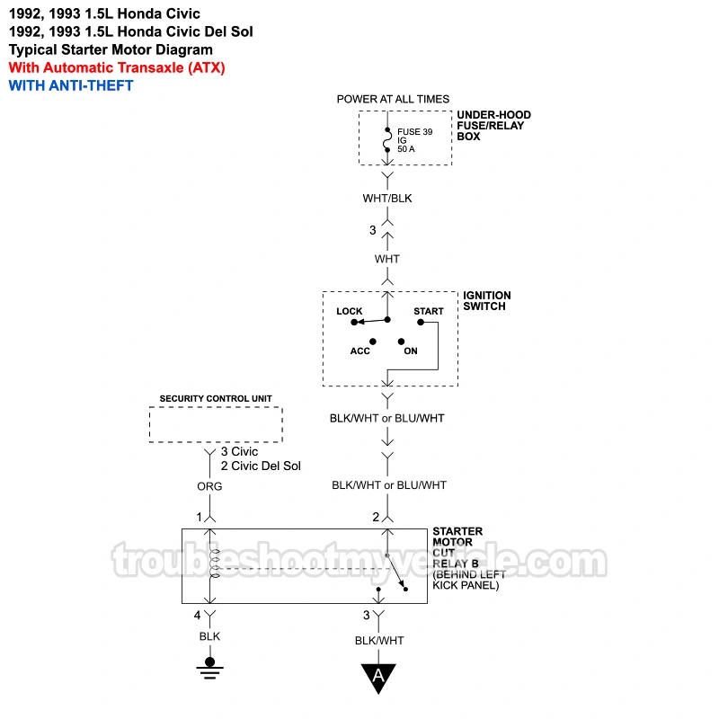 PART 1 of 2: 1992 1.5L Honda Civic And Civic Del Sol Starter Motor Wiring Diagram. With Automatic Transaxle (W Anti-Theft) PART 1 of 2: 1992 1.5L Honda Civic And Civic Del Sol Starter Motor Wiring Diagram. With Automatic Transaxle (W Anti-Theft)