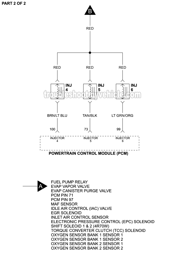 Fuel Injector Circuit Diagram (1997, 1998, 1999 4.2L V6 Ford E150, E250) Fuel Injector Circuit Diagram (1997, 1998, 1999 4.2L V6 Ford E150, E250)