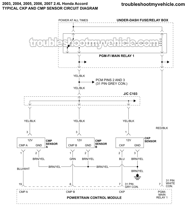 CMP And CKP Sensor Circuit Wiring Diagram (2003-2007 2.4L Honda Accord)