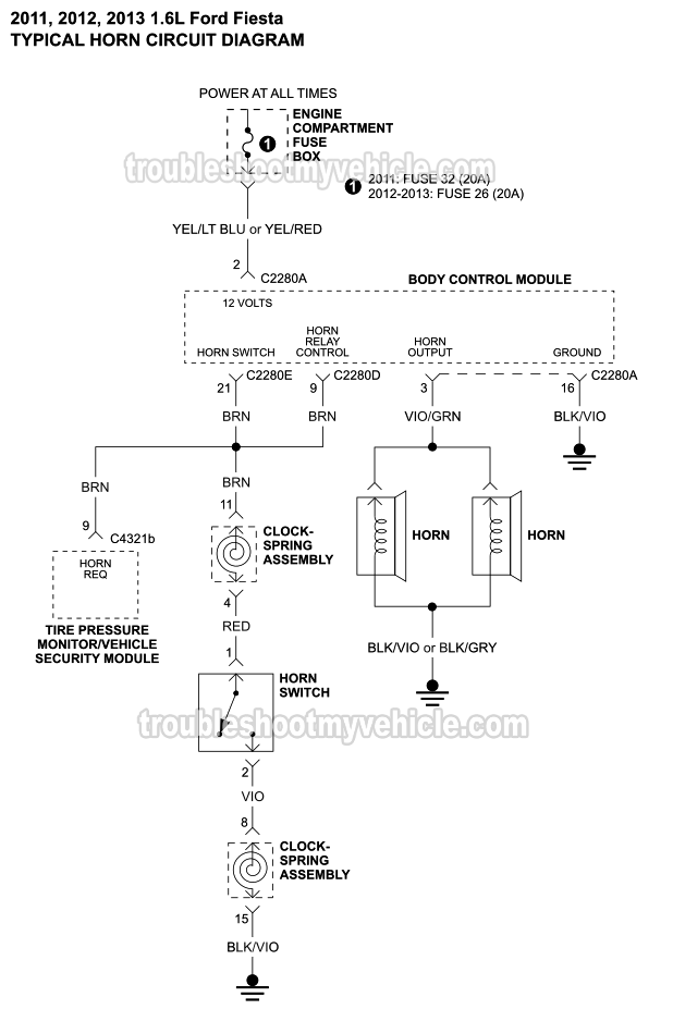 Horn Circuit Wiring Diagram (2011-2013 1.6L Ford Fiesta)