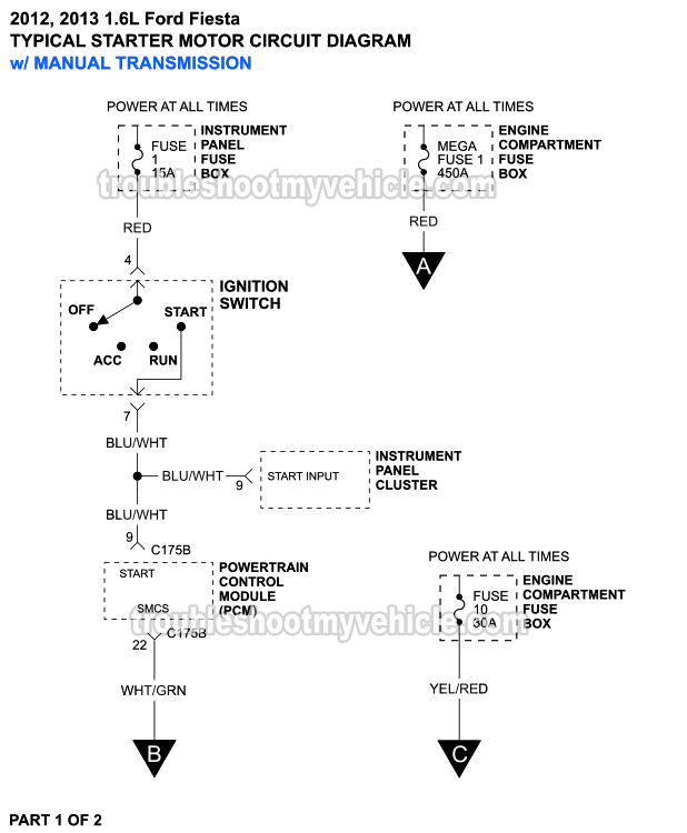 Starter Motor Circuit Wiring Diagram W/ Manual Transmission (2012, 2013 1.6L Ford Fiesta) Starter Motor Circuit Wiring Diagram W/ Manual Transmission (2012, 2013 1.6L Ford Fiesta)