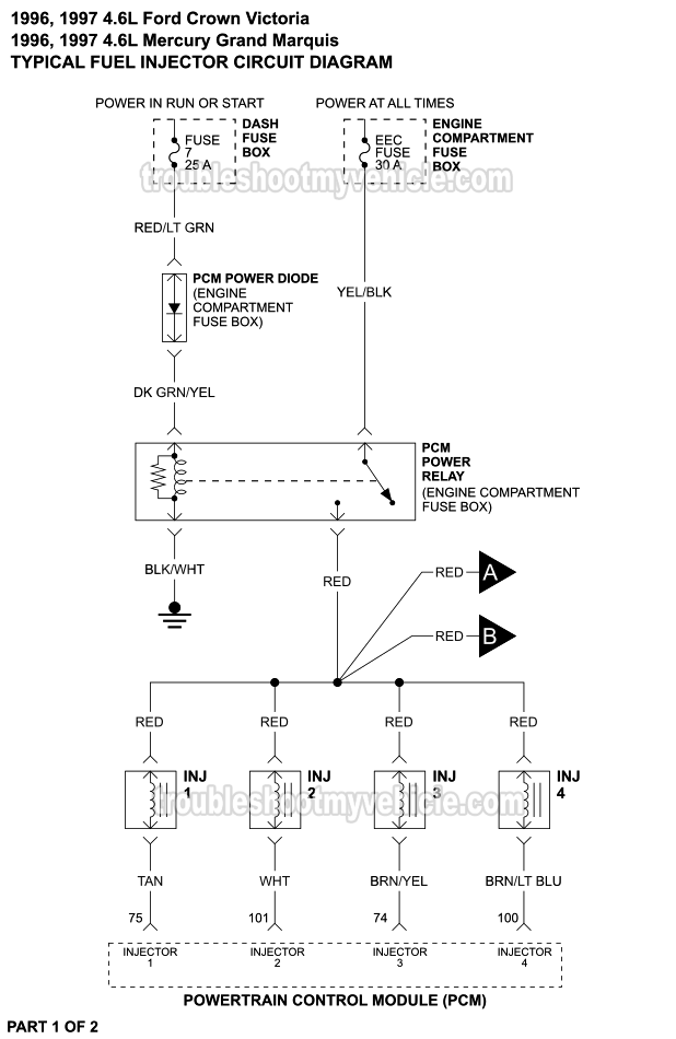 Fuel Injectors Circuit Wiring Diagram (1996, 1997 4.6L V8 Ford Crown Victoria And Mercury Grand Marquis)