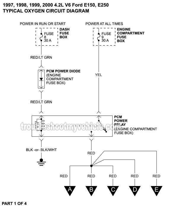 Oxygen Sensor Circuit Wiring Diagram (1997-2000 4.2L V6 Ford E150, E250)