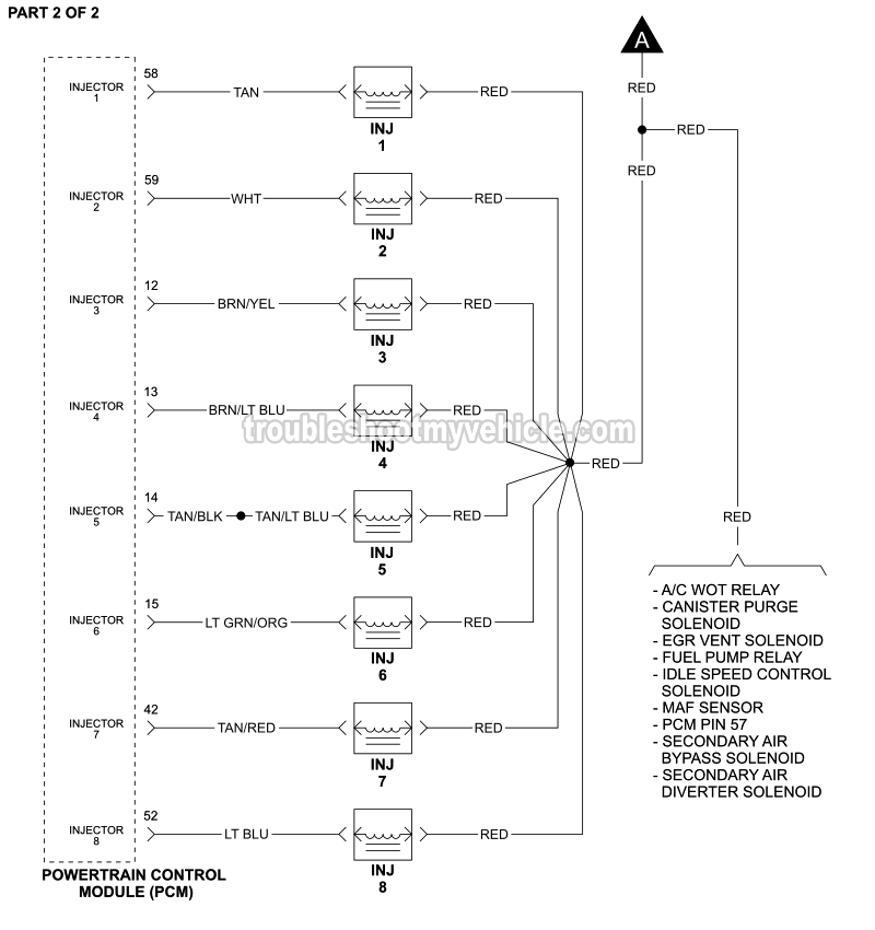 PART 2 of 2: Fuel Injector Circuit Wiring Diagram (1993 5.0L V8 Ford Mustang) PART 2 of 2: Fuel Injector Circuit Wiring Diagram (1993 5.0L V8 Ford Mustang)