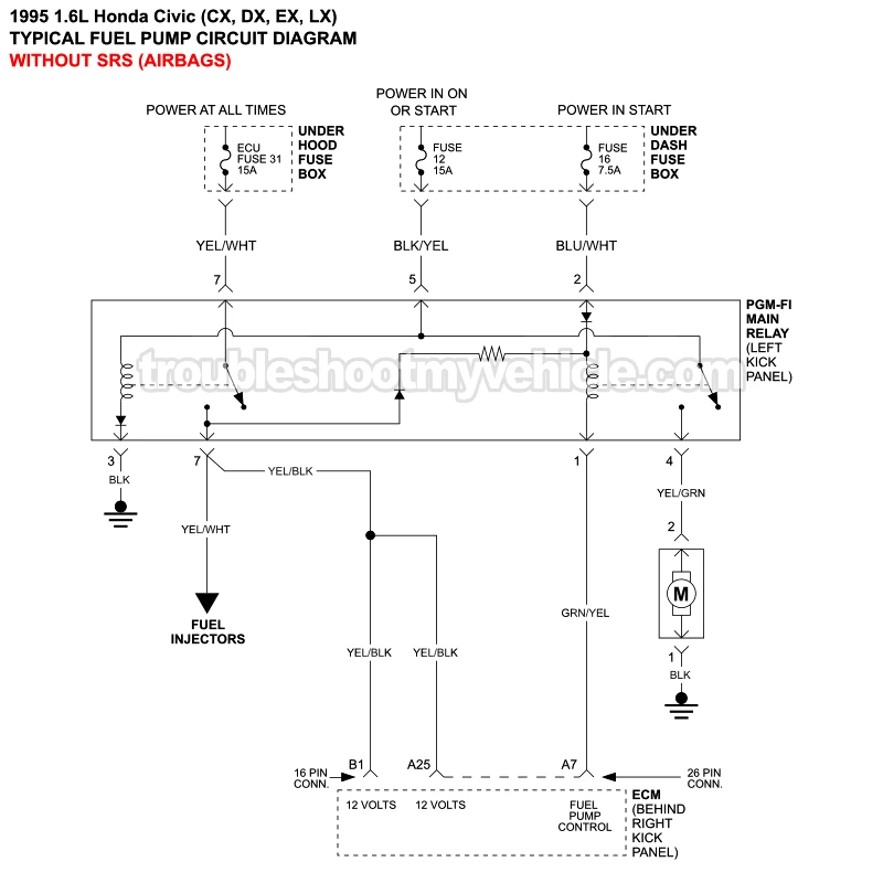 PART 2 of 2: Fuel Injector Circuit Wiring Diagram (1995 1.6L Honda Civic CX, DX, EX, and LX) PART 2 of 2: Fuel Injector Circuit Wiring Diagram (1995 1.6L Honda Civic CX, DX, EX, and LX)