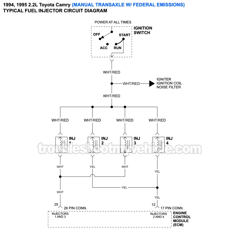 Fuel Injectors Circuit Wiring Diagram - Manual Transaxle W/ Federal Emissions (1994, 1995 2.2L Toyota Camry) Fuel Injectors Circuit Wiring Diagram - Manual Transaxle W/ Federal Emissions(1994, 1995 2.2L Toyota Camry)
