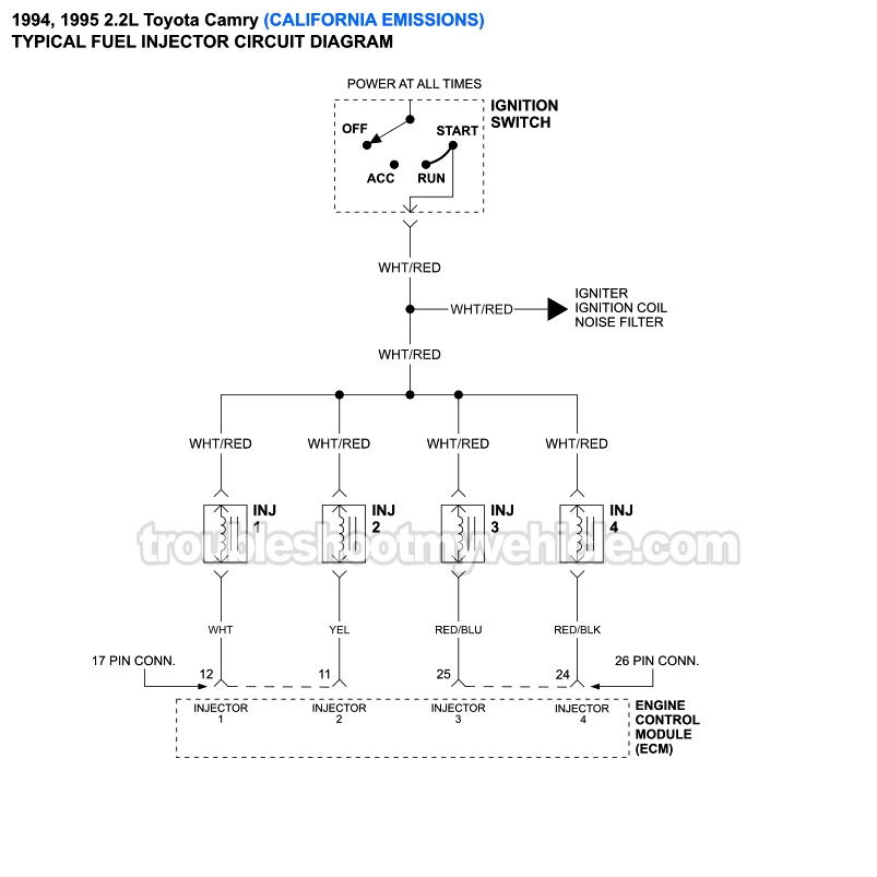 Fuel Injectors Circuit Wiring Diagram - California Emissions (1994, 1995 2.2L Toyota Camry) Fuel Injectors Circuit Wiring Diagram - California Emissions (1994, 1995 2.2L Toyota Camry)