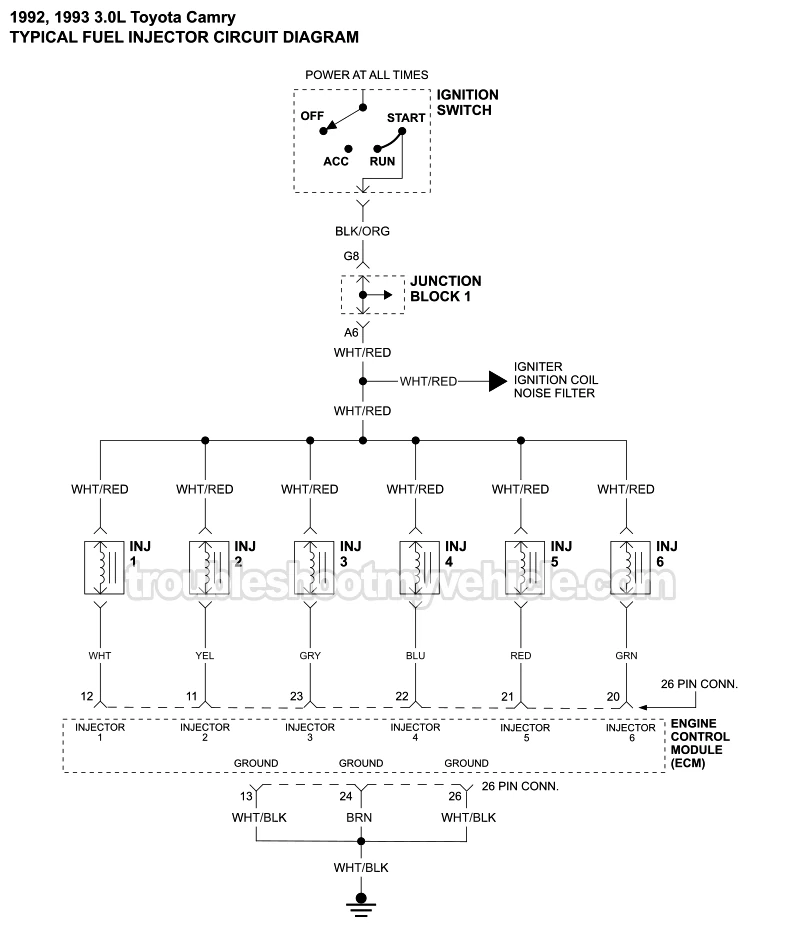 Fuel Injectors Circuit Wiring Diagram (1992-1993 3.0L V6 Toyota Camry)