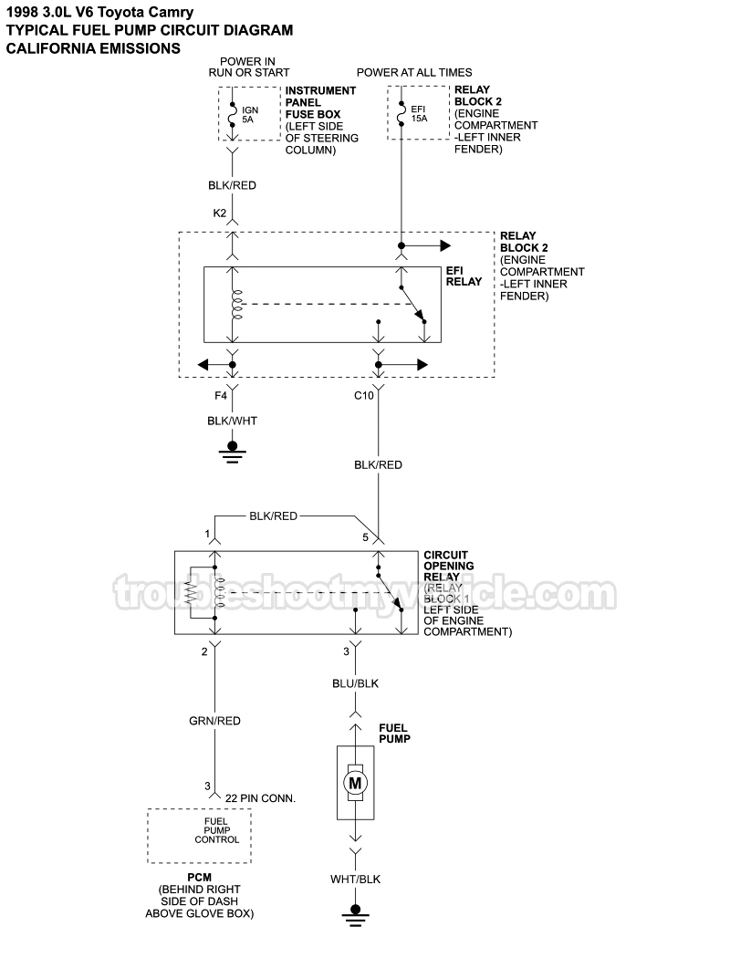 Fuel Pump Circuit Wiring Diagram With California Emissions (1998 3.0L V6 Toyota Camry) Fuel Pump Circuit Wiring Diagram With California Emissions (1998 3.0L V6 Toyota Camry)