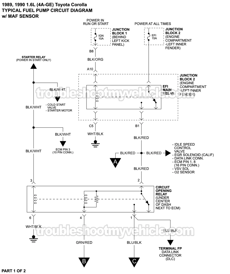 PART 1 OF 2: Fuel Pump Circuit Wiring Diagram (1989, 1990 1.6L 4A-GE Toyota Corolla) PART 1 OF 2: Fuel Pump Circuit Wiring Diagram (1989, 1990 1.6L 4A-GE Toyota Corolla)