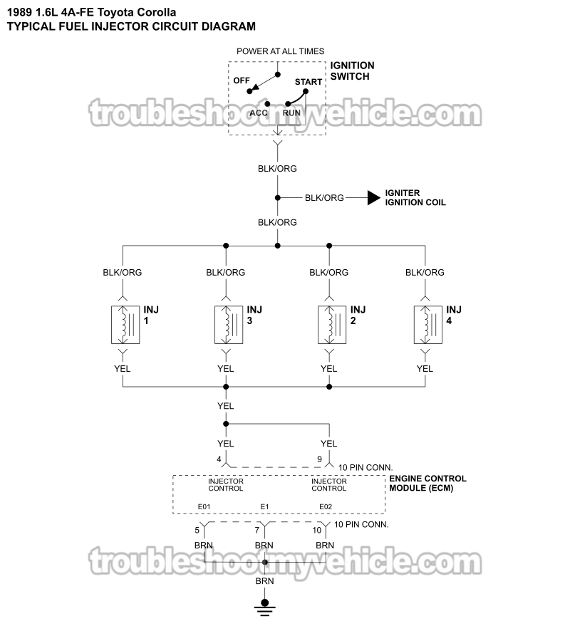 Fuel Injector Circuit Wiring Diagram (1989 1.6L Toyota Corolla)