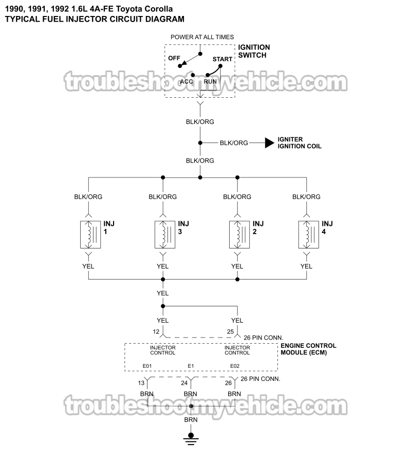 Fuel Injector Circuit Wiring Diagram (1990-1992 1.6L Toyota Corolla)