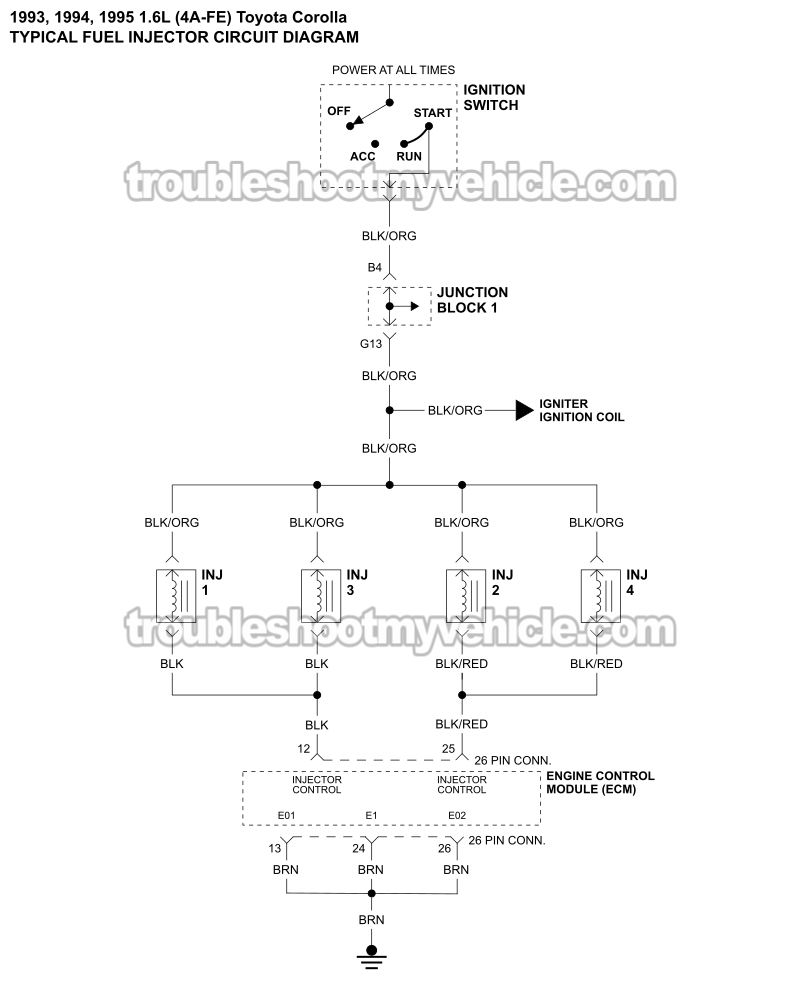 Fuel Injector Circuit Wiring Diagram (1993-1995 1.6L Toyota Corolla)
