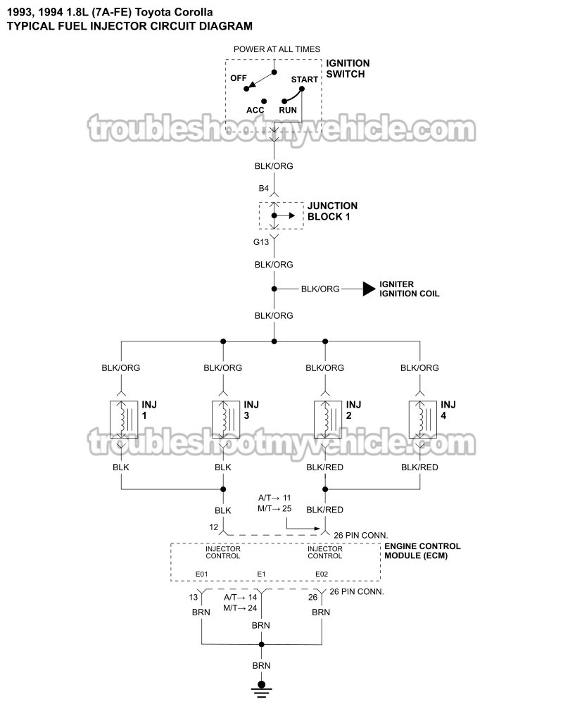 Fuel Injector Circuit Wiring Diagram (1993-1994 1.8L Toyota Corolla)