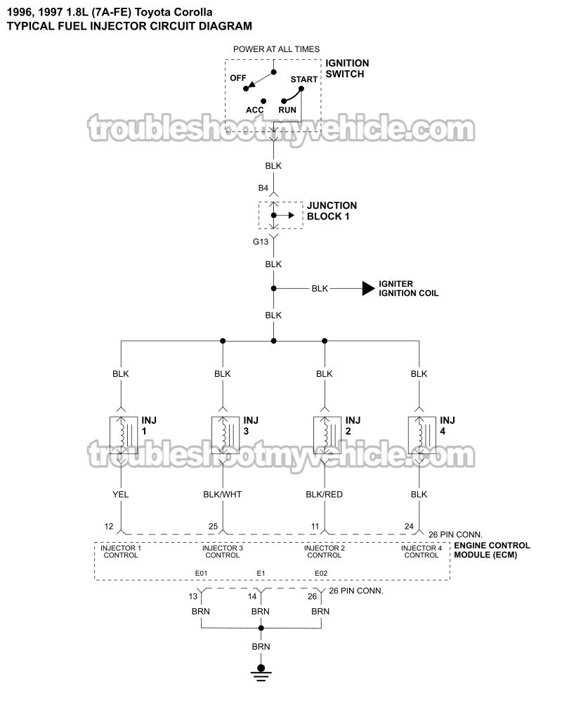 Fuel Injector Circuit Wiring Diagram (1996-1997 1.8L Toyota Corolla)