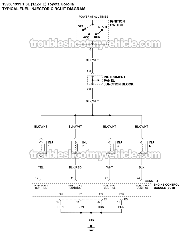 Fuel Injector Circuit Wiring Diagram (1998-1999 1.8L Toyota Corolla)