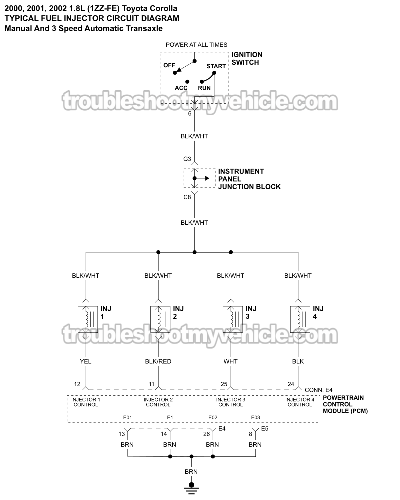Fuel Injector Circuit Wiring Diagram (2000-2002 1.8L Toyota Corolla)