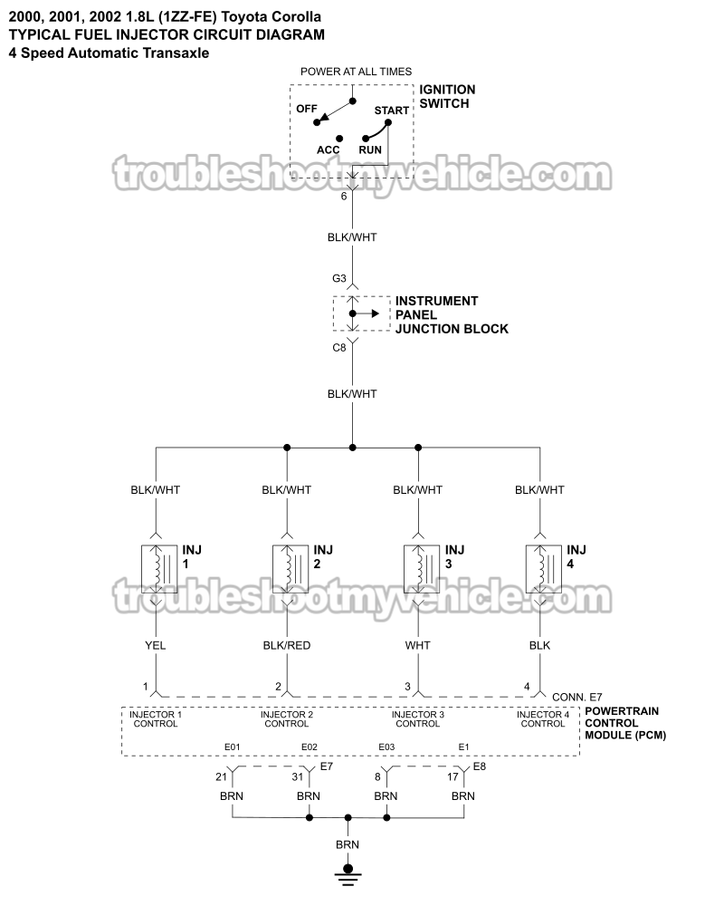 4 Speed Automatic Transaxle. Fuel Injector Circuit Wiring Diagram (2000, 2001, 2002 1.8L 1ZZ-FE Toyota Corolla) 4 Speed Automatic Transaxle. Fuel Injector Circuit Wiring Diagram (2000, 2001, 2002 1.8L 1ZZ-FE Toyota Corolla)
