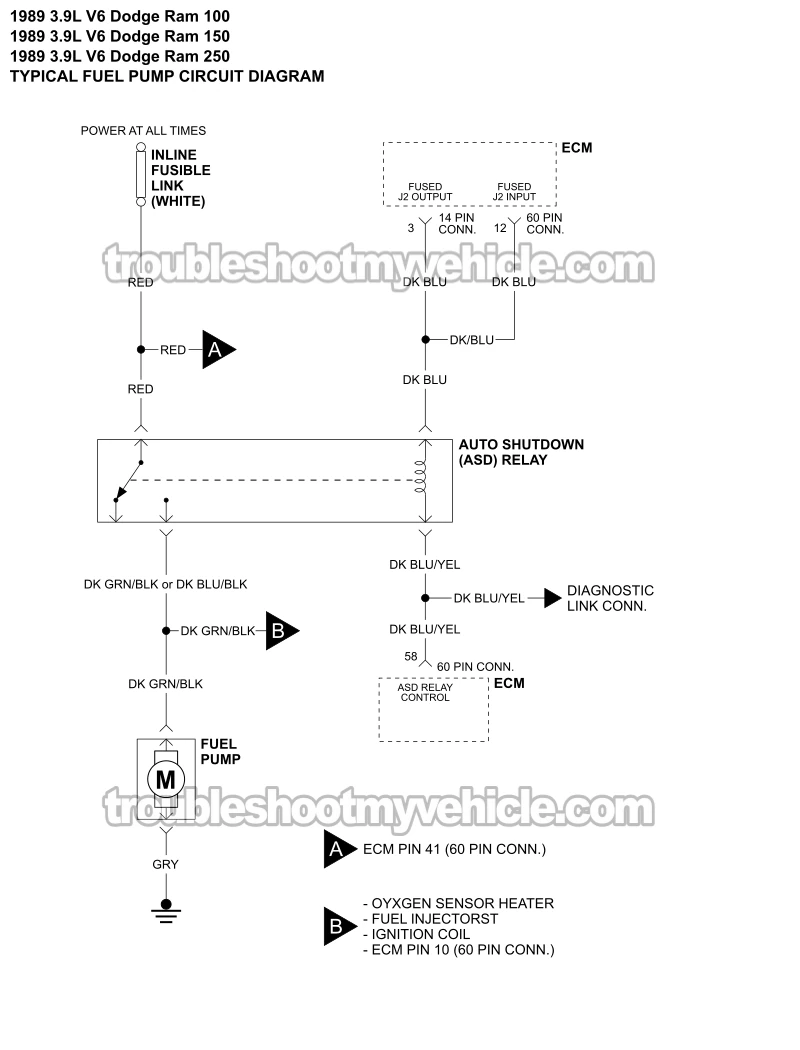 Fuel Pump Circuit Wiring Diagram (1989 3.9L V6 Dodge Ram Pickup)