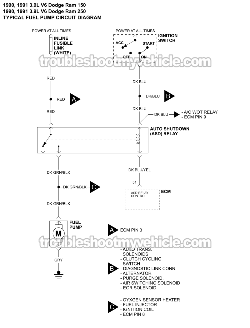 Fuel Pump Circuit Wiring Diagram (1990-1991 3.9L V6 Dodge Ram Pickup)