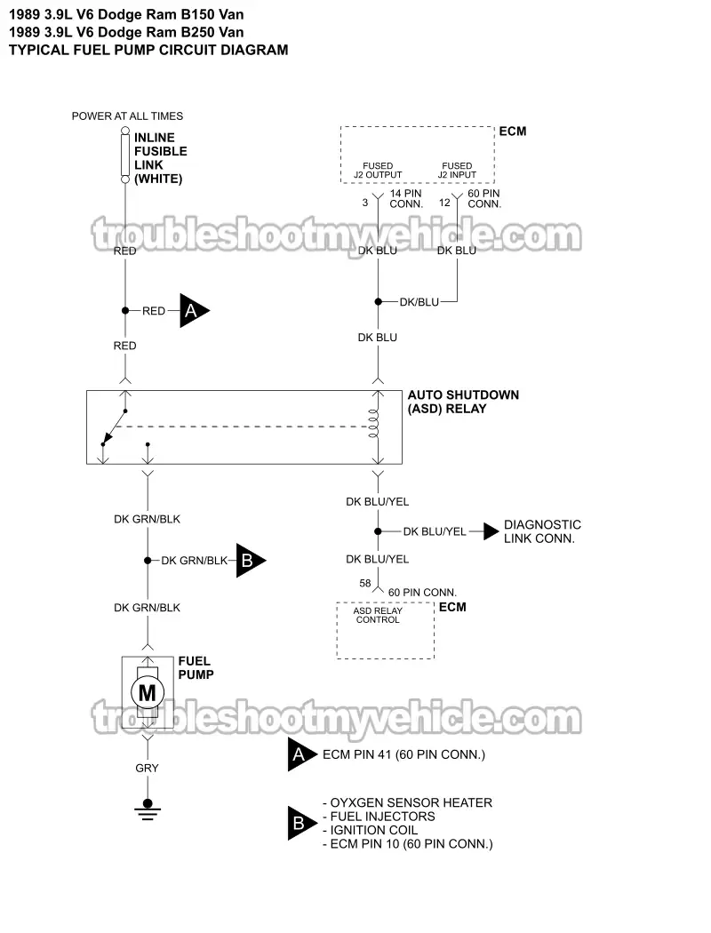 Fuel Pump Circuit Wiring Diagram (1989 3.9L V6 Dodge Ram Van)