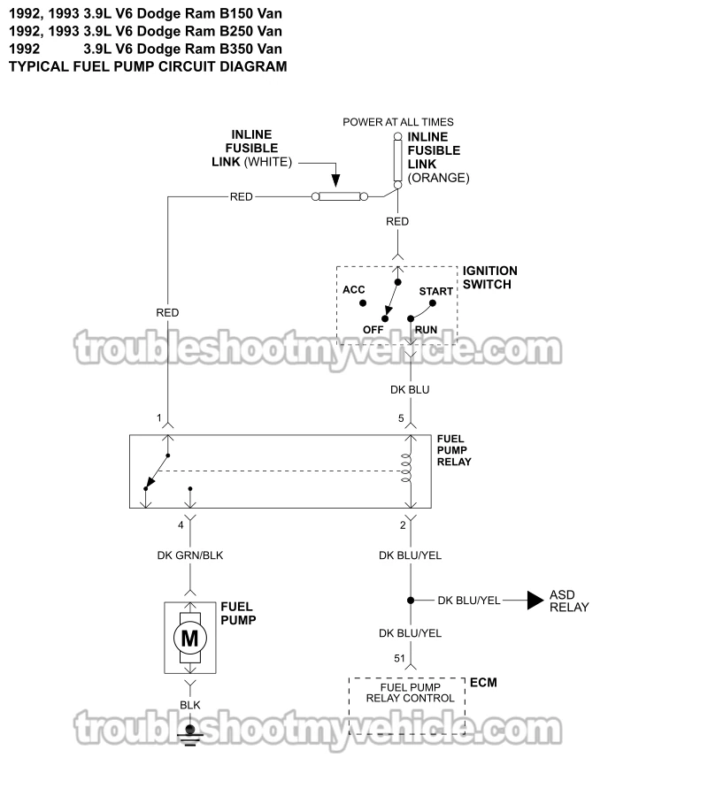 Fuel Pump Circuit Wiring Diagram (1992-1993 3.9L V6 Dodge Ram Van)