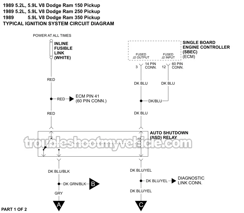 Ignition System Circuit Wiring Diagram (1989 5.2L, 5.9L V8 Dodge Ram Pickup)