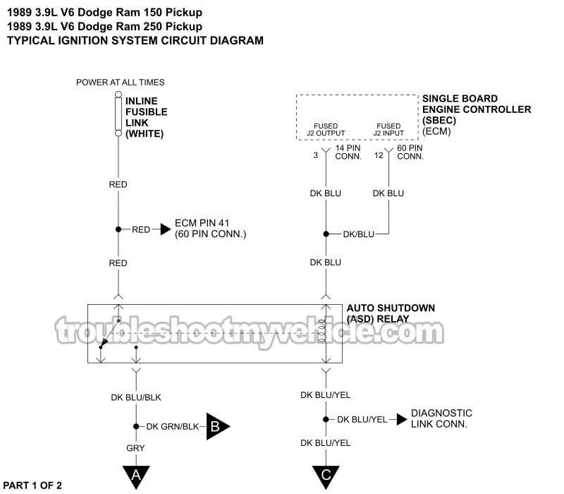 PART 1 OF 2: Ignition System Circuit Wiring Diagram (1989 3.9L V6 Dodge Ram Pickup) PART 1 OF 2: Ignition System Circuit Wiring Diagram (1989 3.9L V6 Dodge Ram Pickup)