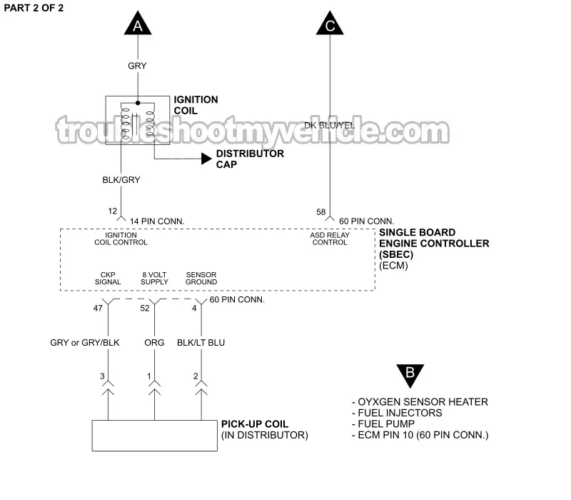 PART 2 OF 2: Ignition System Circuit Wiring Diagram (1989 3.9L V6 Dodge Ram Pickup) PART 2 OF 2: Ignition System Circuit Wiring Diagram (1989 3.9L V6 Dodge Ram Pickup)