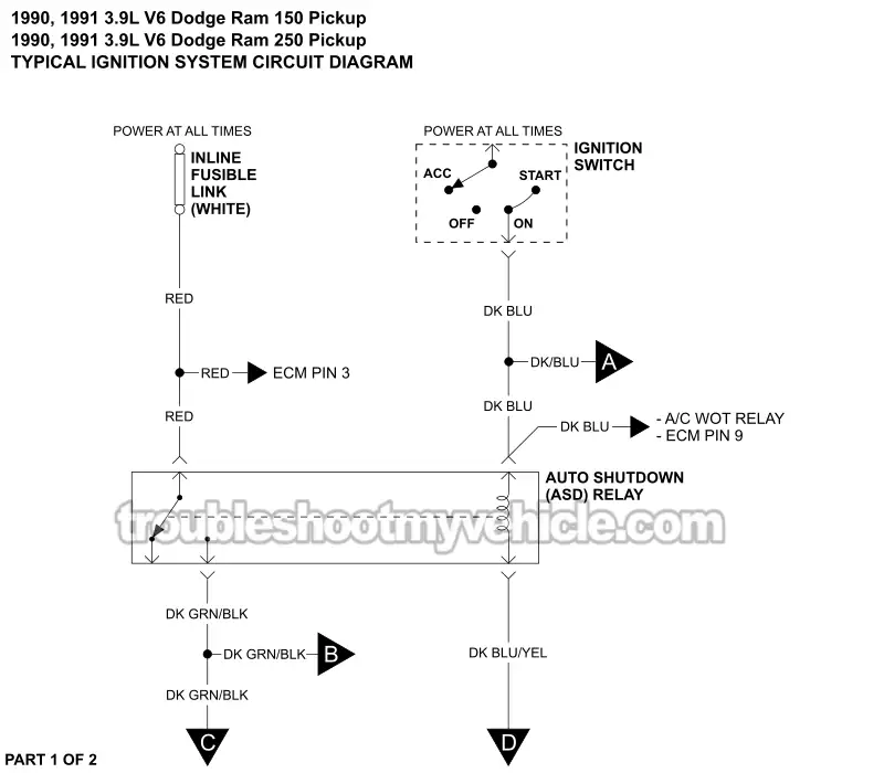 PART 1 OF 2: Ignition System Circuit Wiring Diagram (1990, 1991 3.9L V6 Dodge Ram Pickup) PART 1 OF 2: Ignition System Circuit Wiring Diagram (1990, 1991 3.9L V6 Dodge Ram Pickup)