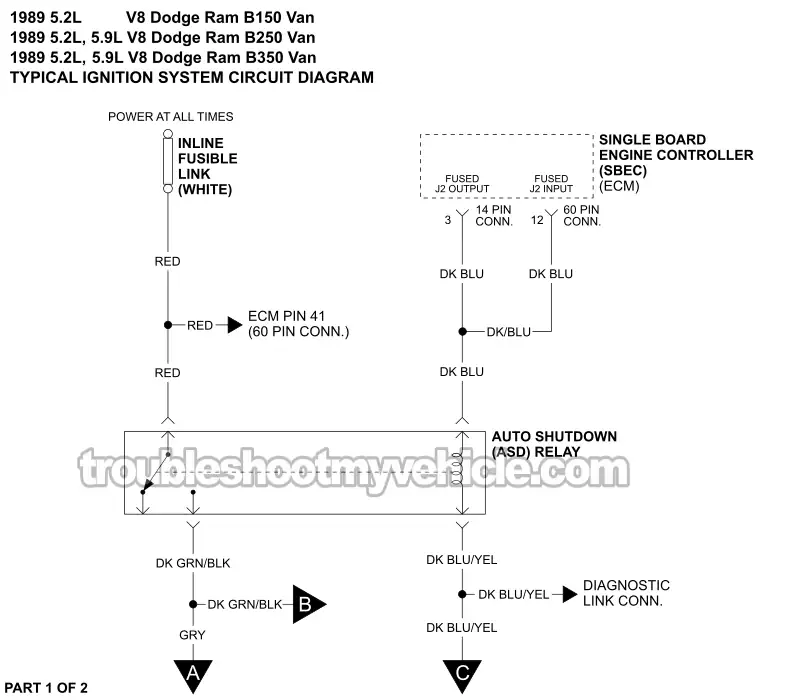 Ignition System Circuit Wiring Diagram (1989 5.2L, 5.9L V8 Dodge Ram Van)