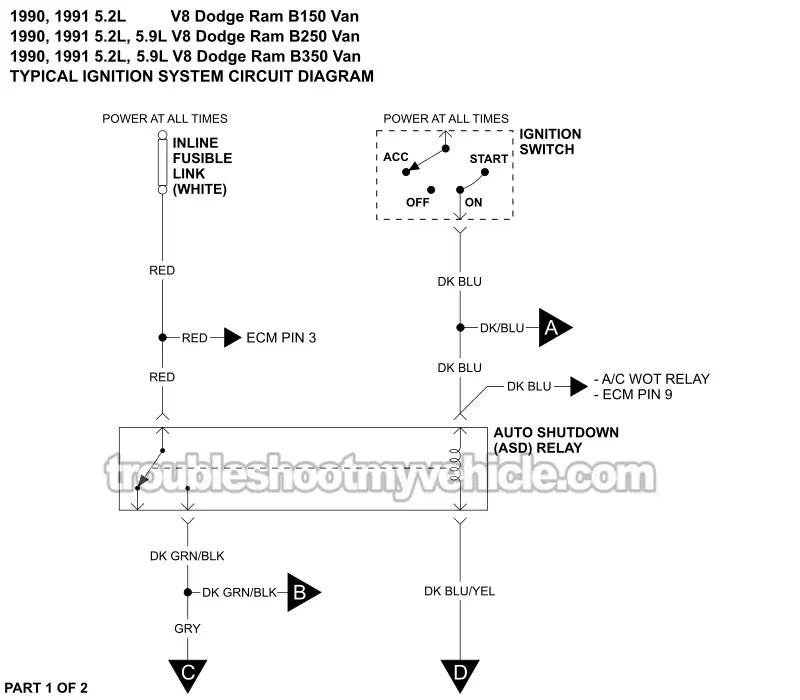 Ignition System Circuit Wiring Diagram (1990-1991 5.2L, 5.9L V8 Dodge Ram Van)