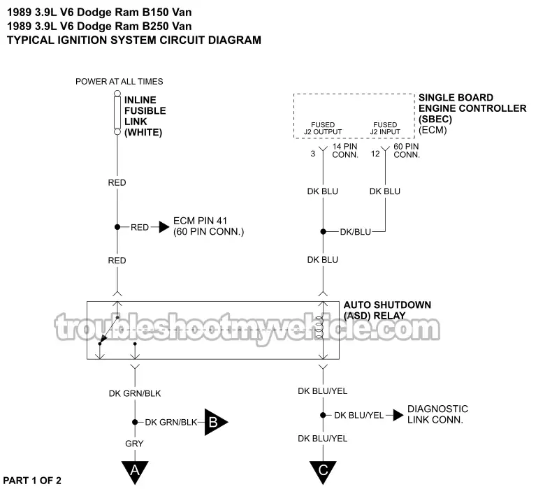 Ignition System Circuit Wiring Diagram (1989 3.9L V6 Dodge Ram Van)
