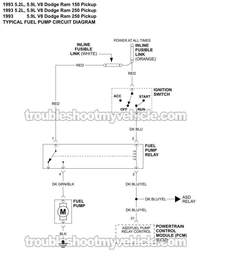 Fuel Pump Circuit Wiring Diagram (1993 5.2L, 5.9L V8 Dodge Ram Pickup)