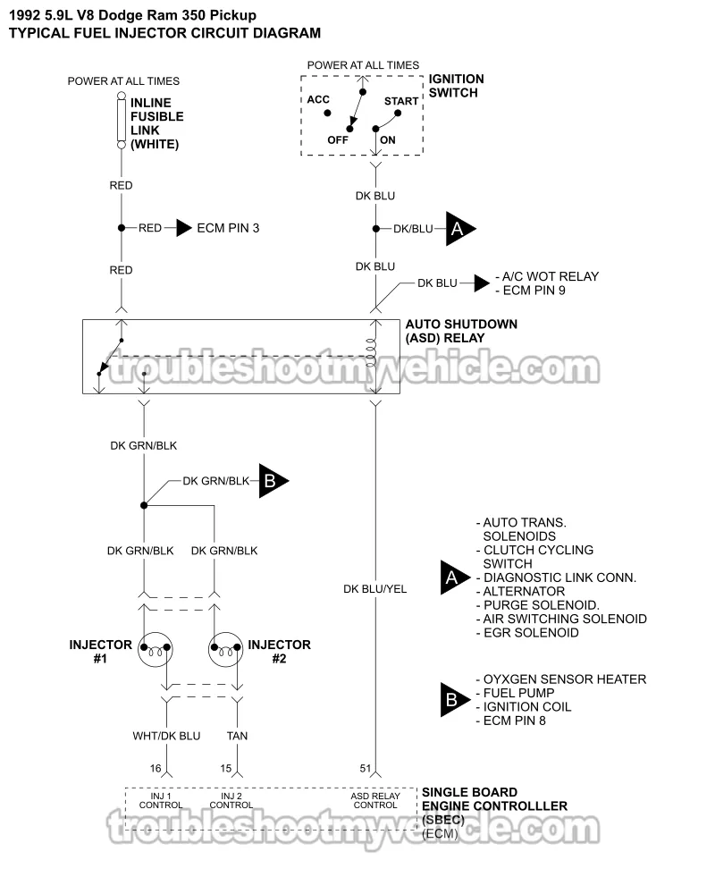 1992 5.9L V8 Engine. Fuel Injector Wiring Diagram (1992 5.2L, 5.9L V8 Dodge Ram Pickup)
