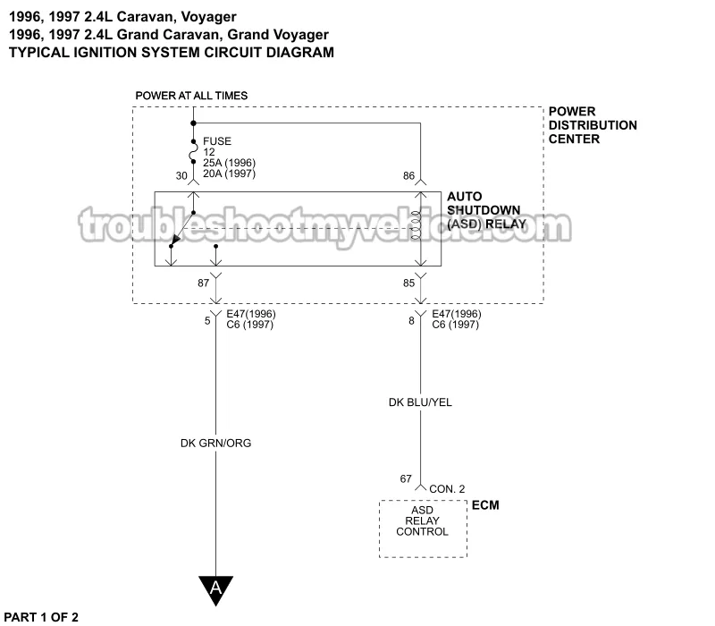 PART 1 -Ignition System Wiring Diagram. 1996, 1997 2.4L Caravan, Grand Caravan, Voyager, And Grand Voyager Minivans. PART 1 of 2 -Ignition System Wiring Diagram. 1996, 1997 2.4L Caravan, Grand Caravan, Voyager, And Grand Voyager Minivans.