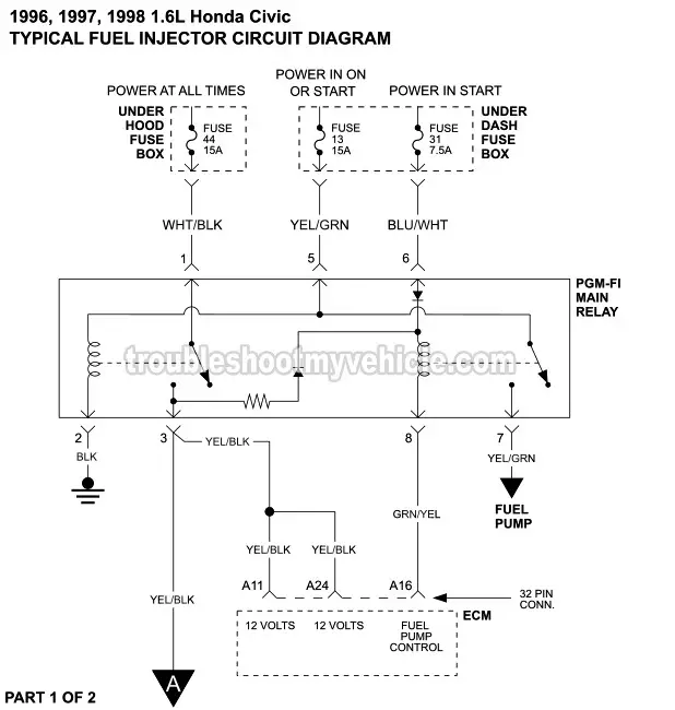 Fuel Injector Circuit Wiring Diagram (1996-1998 1.6L Honda Civic)