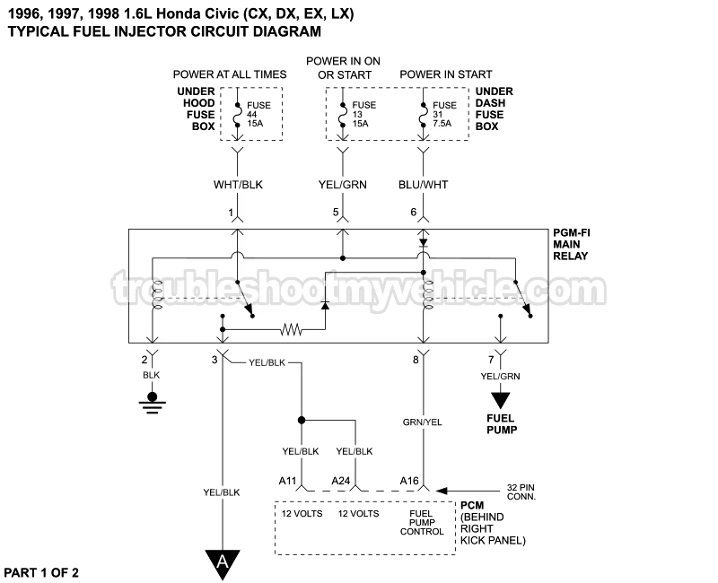 PART 1 of 2: 1996, 1997, 1998 1.6L Honda Civic Fuel Injector Circuit Wiring Diagram PART 1 of 2: 1996, 1997, 1998 1.6L Honda Civic Fuel Injector Circuit Wiring Diagram