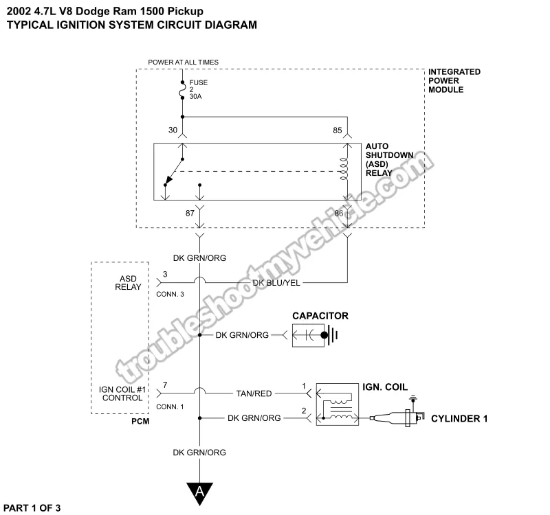 PART 1 of 3 -Ignition System Wiring Diagram. 2002 4.7L V8 Dodge Ram Pickup PART 1 of 3 -Ignition System Wiring Diagram. 2002 4.7L V8 Dodge Ram Pickup