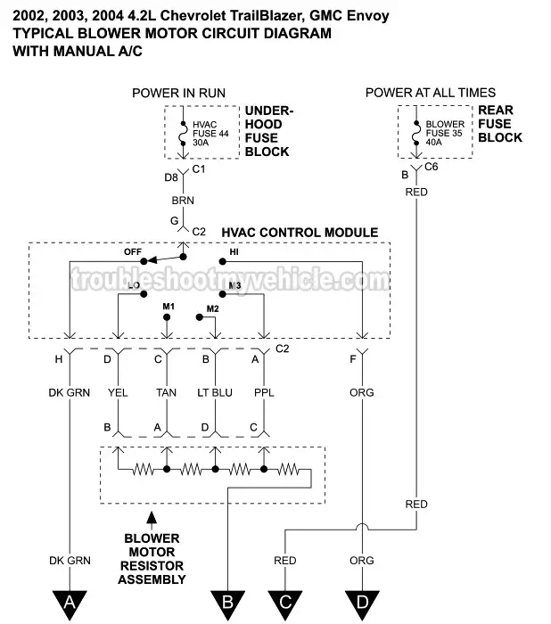 PART 1 of 2: Blower Motor Circuit Wiring Diagram With Manual AC (2002, 2003, 2004 4.2L Chevrolet TrailBlazer And GMC Envoy) PART 1 of 2: Blower Motor Circuit Wiring Diagram With Manual AC (2002, 2003, 2004 4.2L Chevrolet TrailBlazer And GMC Envoy)