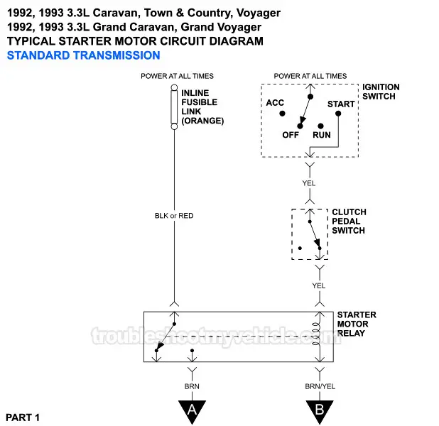PART 1 -Starter Motor Circuit Wiring Diagram (With Standard Transmission). 1992, 1993 3.3L V6 Caravan, Grand Caravan, Town & Country, Voyager, Grand Voyager PART 1 of 2 -Starter Motor Circuit Wiring Diagram (With Standard Transmission). 1992, 1993 3.3L V6 Caravan, Grand Caravan, Town & Country, Voyager, Grand Voyager