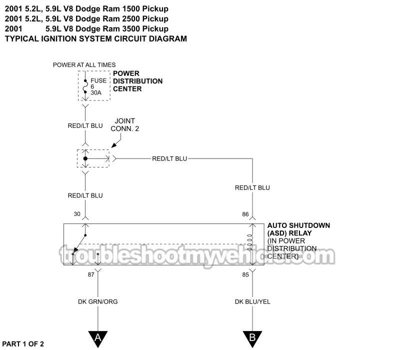 Ignition System Wiring Diagram (2001 5.2L, 5.9L V8 Dodge Pickup)