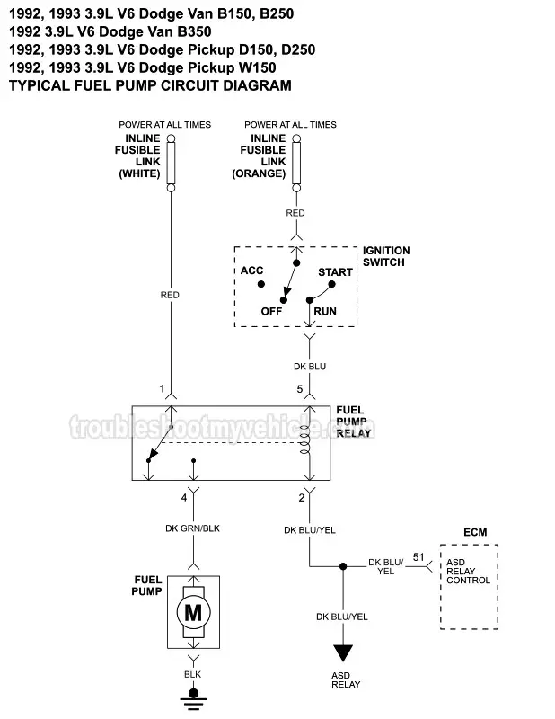 Fuel Pump Circuit Wiring Diagram (1992-1993 3.9L V6  Dodge Ram Pickup)
