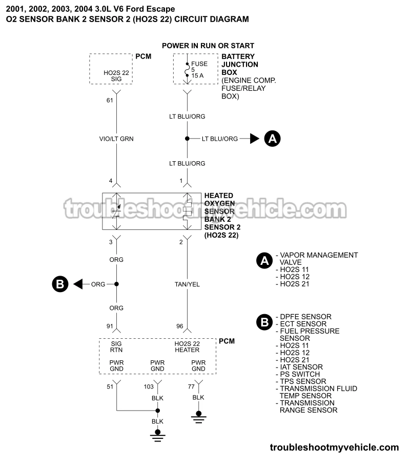 O2 Sensor Bank 2 Sensor 2 Circuit Wiring Diagram (2001-2004 3.0L V6 Ford Escape)