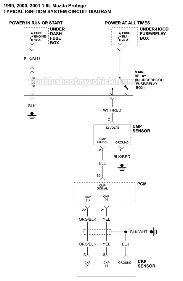 Part 1 of 2: 1999, 2000, 2001 1.6L Mazda Protege CKP And CMP Sensor Circuit Wiring Diagram